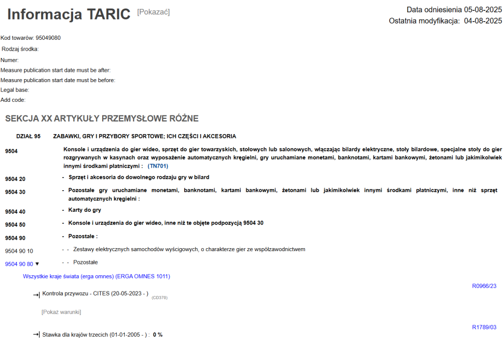 taric wyszukiwanie stawki celnej