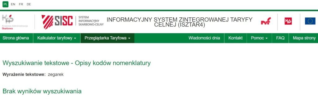 Wyszukiwanie stawki celnej w ISZTAR