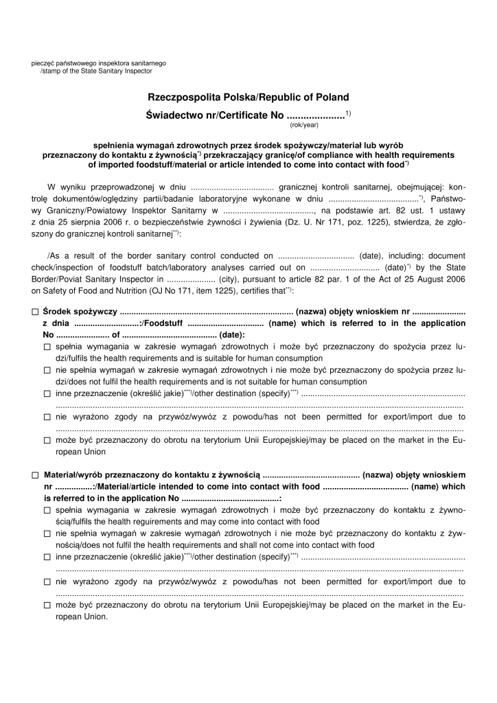 Świadectwo kontroli sanitarnej