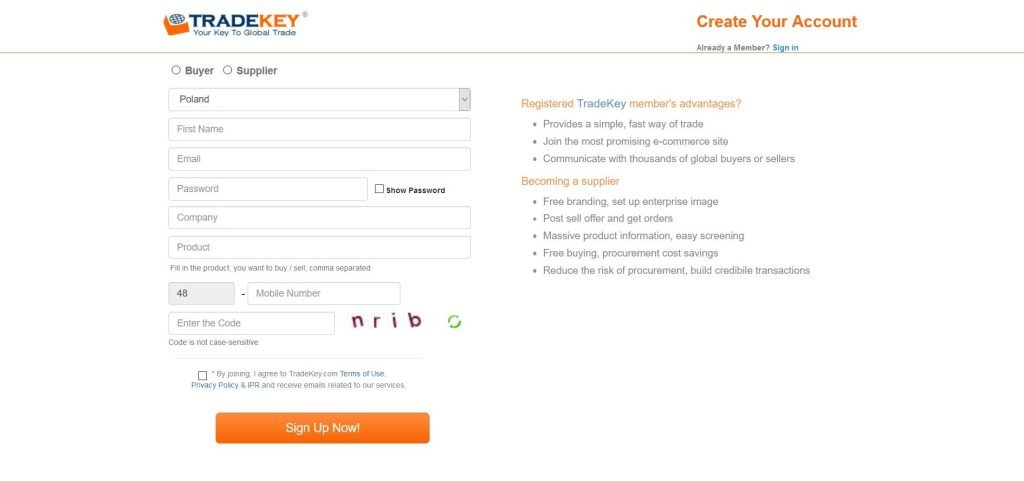 Rejestracja na TradeKey