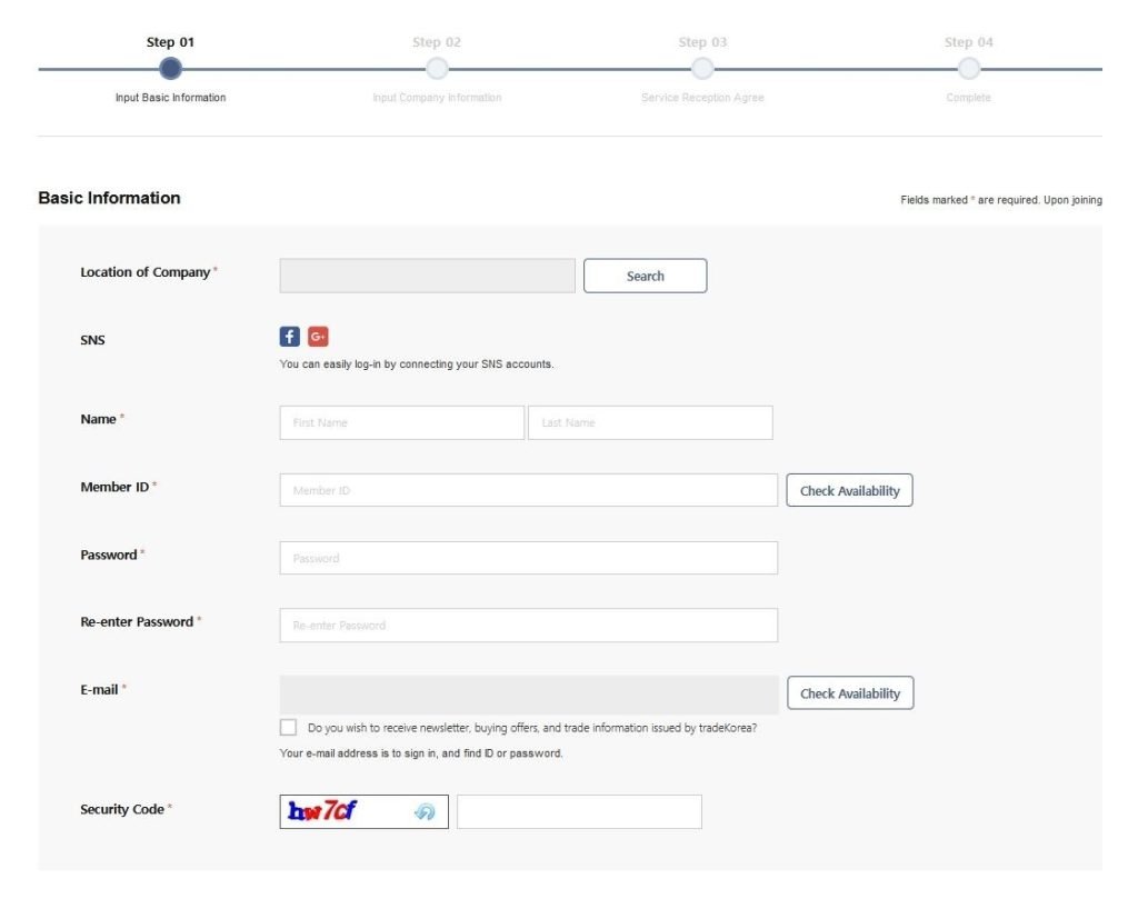 Formularz rejestracyjny na TradeKorea
