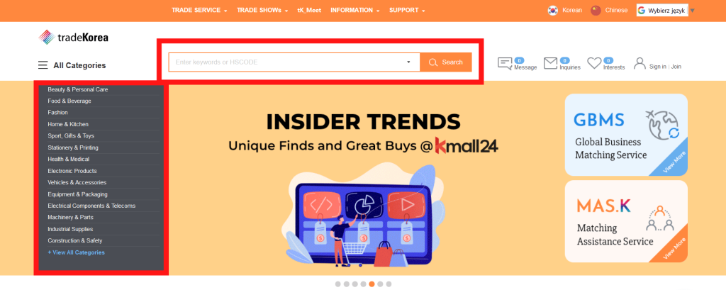 Wyszukiwanie produktów na TradeKorea