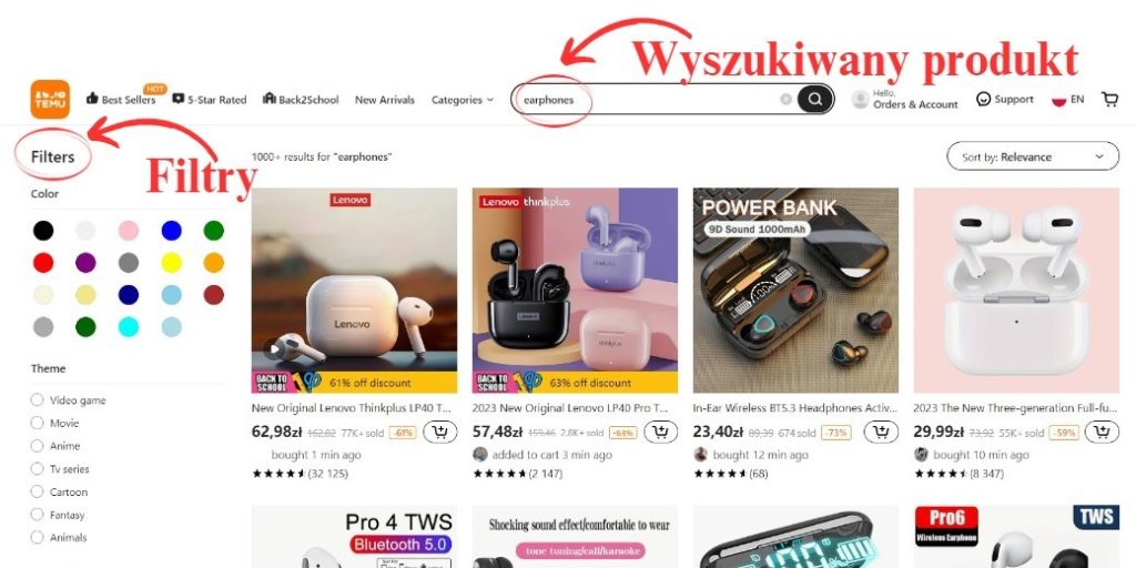 Wyszukiwanie produktów na Temu